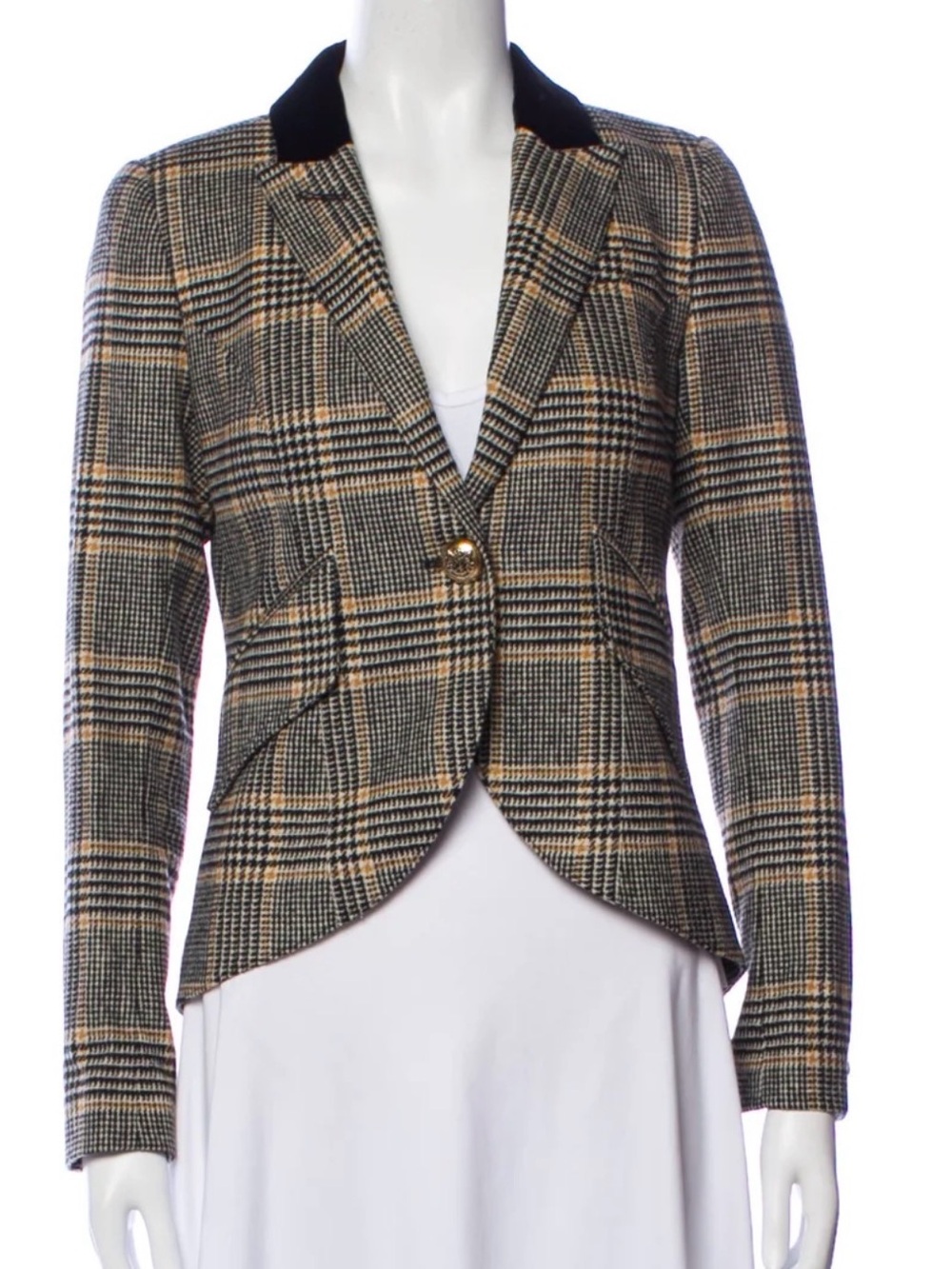 Smythe 100% Wool Houndstooth Plaid Blazer Velvet Collar Size 6 - Picture 3 of 16